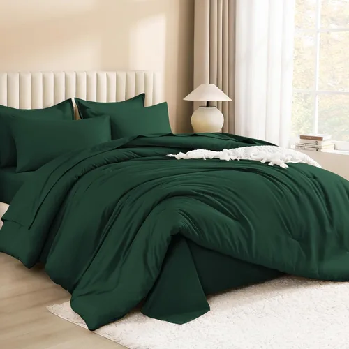 Miniatura 2 de Litanika Juego de ropa de cama con edredón tamaño matrimonial de 7 piezas en una bolsa color verde esmeralda oscuro - Juego de ropa de cama completo
