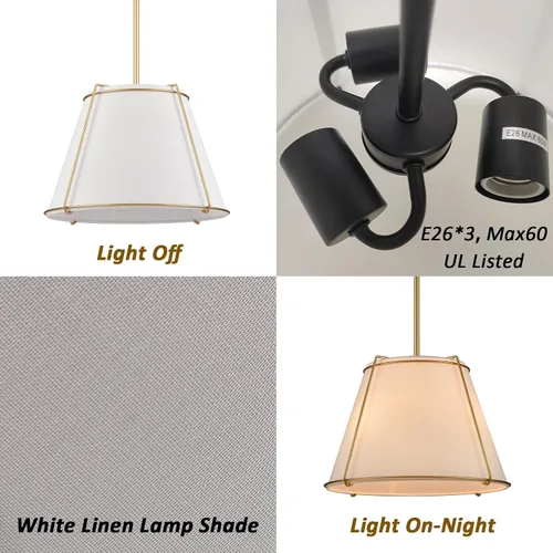 Miniatura 6 de Lámpara Colgante de Cono con Pantalla de Tambor de Tela con Linterna de Metal de 16 Pulgadas, Candelabros Blancos y Dorados para Cocina, Comedor