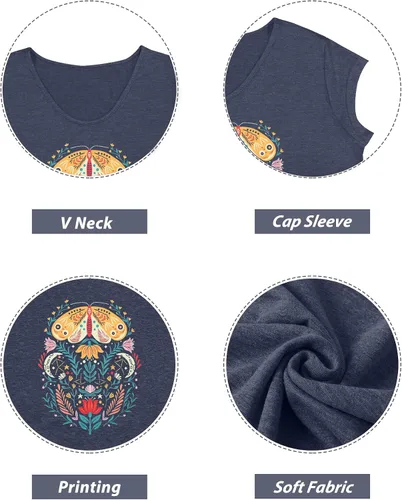 Miniatura 6 de Anbech Camisetas de manga casquillo para mujer, con cuello en V, estampado sólido, camisetas casuales