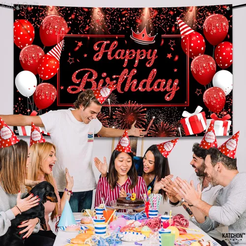 Miniatura 4 de KatchOn, Cartel de feliz cumpleaños negro y rojo, grande, 72 x 44 pulgadas, telón de fondo para decoraciones de feliz cumpleaños, pancarta roja