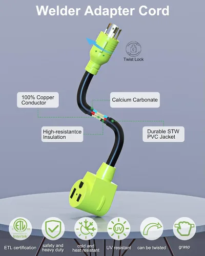 Miniatura 3 de NEMA L14-30P a 6-50R adaptador de generador a soldador, cable de alimentación resistente de 1.5 pies, STW 10/3 AWG, 125V/250V, certificación ETL