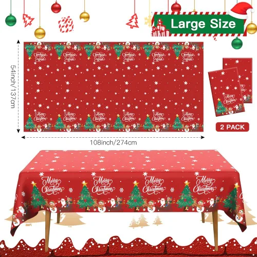 Miniatura 2 de Mantel de Navidad, 2 piezas de mantel desechable de plástico rojo, mantel de 54 x 108 pulgadas para decoraciones de Navidad, mantel de árbol