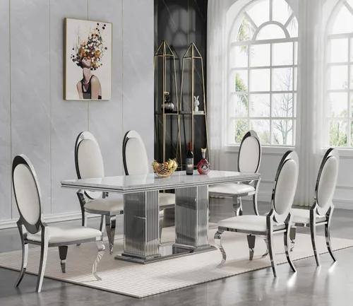 Miniatura 19 de Juego de mesa de comedor de mármol negro de lujo para 4, mesa de cocina dorada de 70 pulgadas y 4 sillas de cuero negro, juego de 5 mesas de comedor