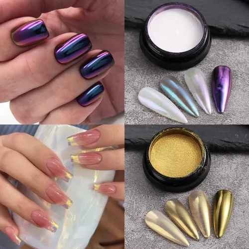 Miniatura 4 de Polvo de uñas cromado camaleón, 10 cajas de polvo cromado Aurora rosa morado, polvo de uñas holográfico dorado y plateado, pigmento espejo metálico