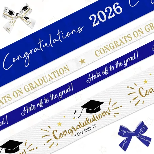 Miniatura 8 de Hying 4 cintas de graduación 2026, cintas de grogrén de 1 pulgada y 3/8 pulgadas de ancho, cintas metálicas de clase de 2026, cintas rojas