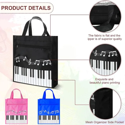 Miniatura 4 de 3 piezas de llavero de piano reutilizable, bolsa de compras de hombro para regalos de profesores de música, Azul,Negro
