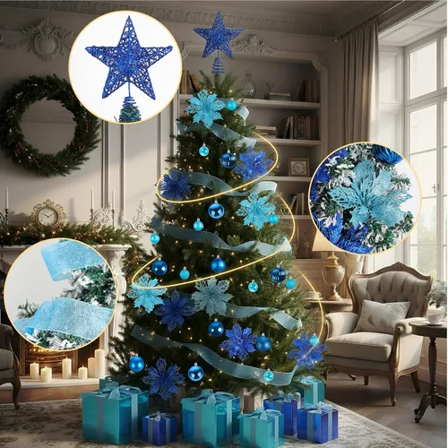 Miniatura 3 de Skylety Juego de 104 piezas de decoraciones para árbol de Navidad, adorno colgante azul de Navidad, bolas para árbol, estrella para la punta, flor