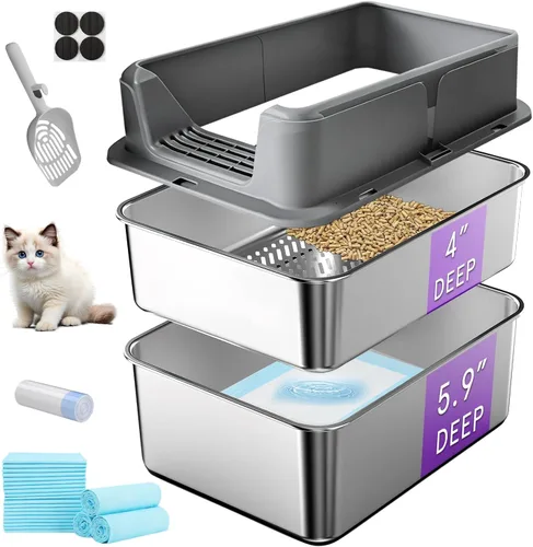 Miniatura 10 de Caja de arena de acero inoxidable, 24 x 16 x 12 pulgadas, caja de arena de metal extra grande para pellets de pino, caja de arena de metal de lados