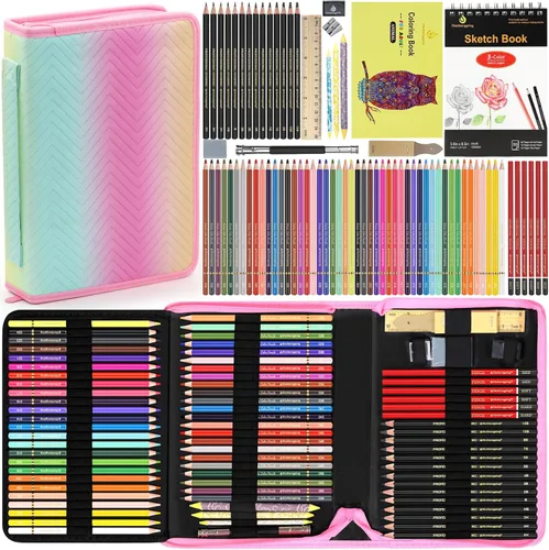 Juego de 80 piezas de kit de dibujo, set de bocetos, suministros de arte, lápices de color, kit de 48 lápices de color, 14 de grafito, 6 de carbón,