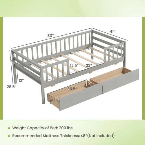 Miniatura 2 de Giantex Cama individual para niños con cajones de almacenamiento, cama Montessori de madera con rieles y estante lateral, sofá cama baja para niños