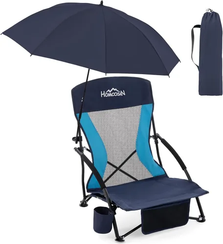 Miniatura 22 de Homcosan Silla de playa portátil baja plegable con paraguas desmontable, silla de campamento ligera para adultos con portavasos y bolsillo