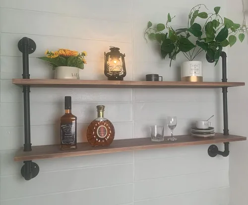 Miniatura 41 de HDDFER - Estantería industrial para tuberías rústicas en blanco, estantes de pared de tubería industrial con tablas de madera, estantes flotantes