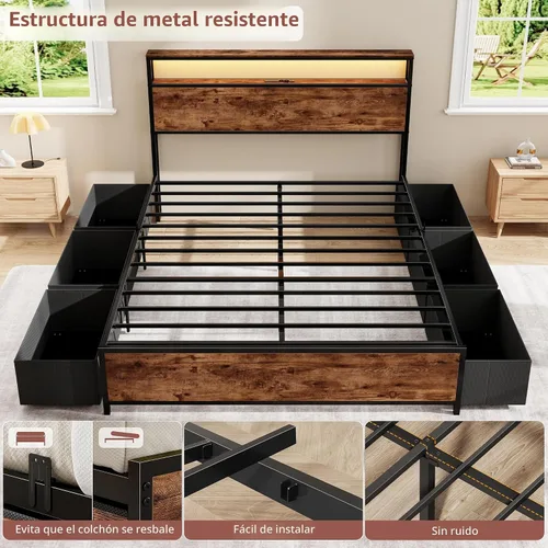 Miniatura 6 de Forestell Full Size Bed Frame with Storage Headboard & 6 Drawers, Metal Platform Bed Frame with LED Lights & Charging Station, 2 Tier Shelf Storage
