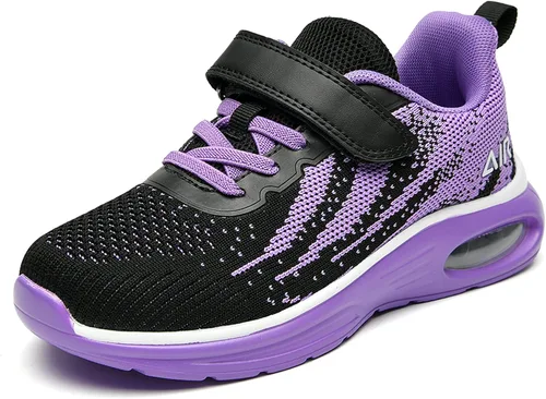 PERSOUL Tenis deportivos para niños y niñas, cómodos tenis con cojín de aire para correr, sin cordones, color negro y rojo
