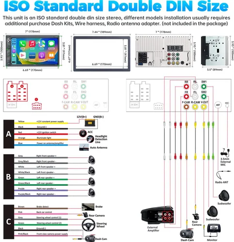 Miniatura 6 de Estéreo de auto doble DIN con cámara de salpicadero, control de voz Carplay, Android Auto, controles del volante, pantalla táctil HD de 7 pulgadas
