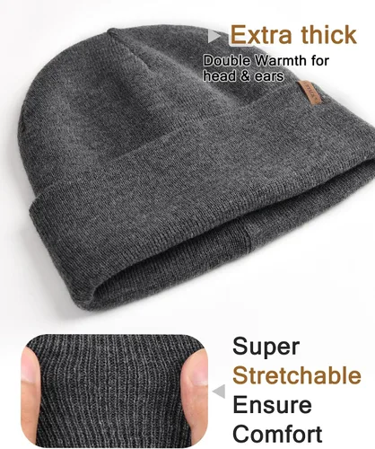 Miniatura 3 de FURTALK Gorro de invierno con forro polar para hombre, doble capa, elegante, tejido con puños, sombrero liso