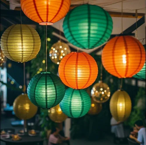 Miniatura 2 de Linternas de papel decorativas verdes y naranjas, 15 piezas, para colgar en fiestas de despedida de soltera, boda, cumpleaños, baby shower