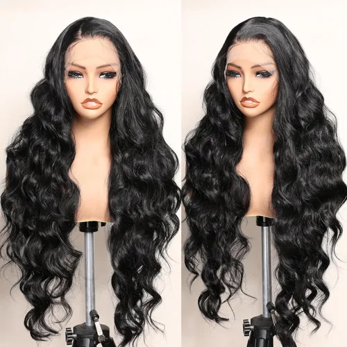 SOKU Peluca negra de encaje frontal de 13 x 6 pulgadas, 32 pulgadas de largo, ligera, línea de cabello prearrancada con abuelitos, encaje suizo