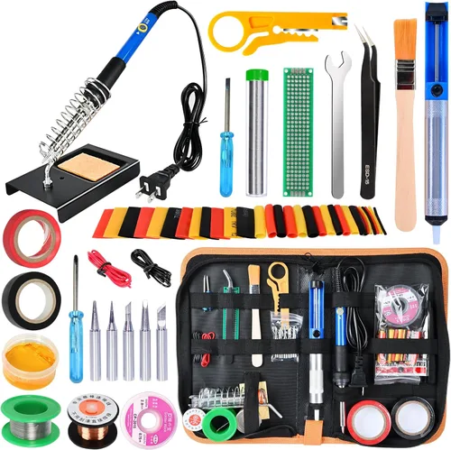 Miniatura 10 de Kit de soldador, temperatura ajustable de 60 W, multímetro digital, 5 puntas de soldadura, alambre, soporte, bomba de desoldadura, mecha de Azul