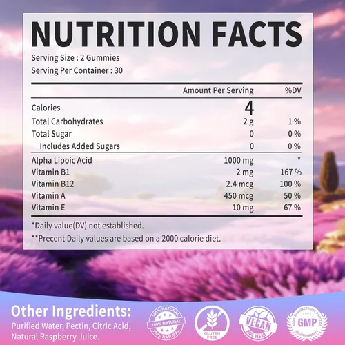Miniatura 7 de Gomitas de ácido alfa lipoico de 1000 mg con vitamina B1, B12, A, E, suplemento de ALA masticable de alta absorción sin azúcar para apoyo