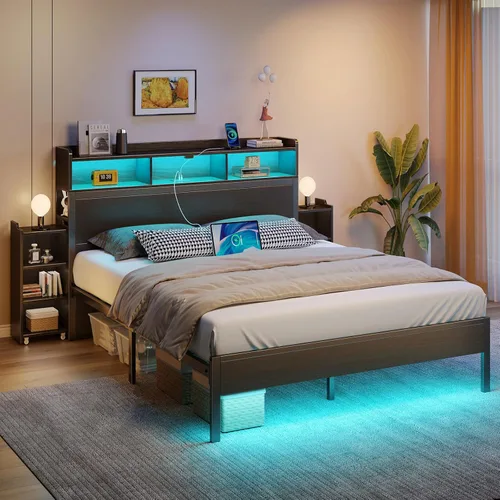 Miniatura 2 de Rolanstar - Marco de cama tamaño completo con cabecera de almacenamiento tipo librero, almacenamiento deslizable lateral, cama con estación de carga