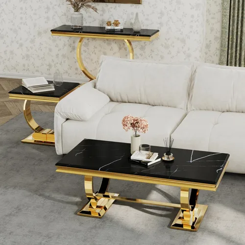 Miniatura 6 de ACEDÉCOR Moderno juego de mesa de centro de 4 piezas, dorado, mesa de mármol sintético, incluye mesa auxiliar, 2 mesas auxiliares, mesa consola, Oro