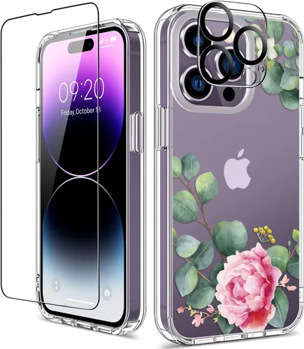 Miniatura 39 de Funda para iPhone 14 Pro con protector de pantalla, 6.1 pulgadas, transparente de cuerpo completo, a prueba de golpes, diseño floral, para niñas