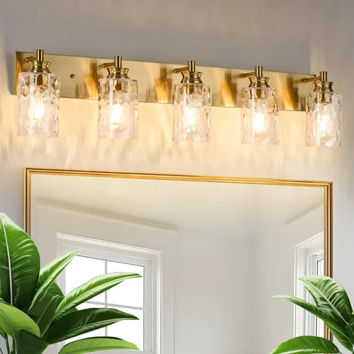 Miniatura 12 de Accesorios de lámpara de tocador de baño de 2 luces, moderna lámpara de baño dorada cepillada sobre espejo con pantalla de vidrio martillado