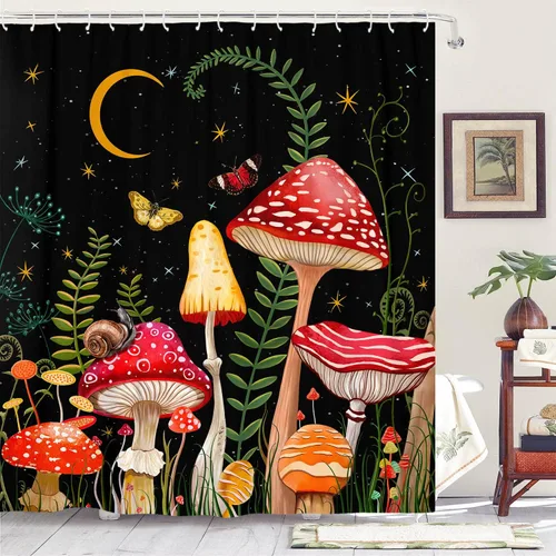 Miniatura 10 de Juego de cortinas de ducha con diseño de hongos y mariposas florales negras y rojas, tela impermeable, cortinas de ducha para baño, decoración
