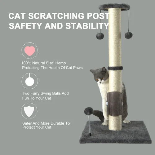 Miniatura 6 de PEEKAB Poste rascador para gatos de 32 pulgadas de alto, postes rascadores de sisal con bola colgante y cepillo de automasaje, rascador vertical