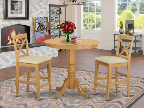 Miniatura 6 de East West Furniture JAPB3-OAK-C - Juego de pub de 3 piezas de altura de mostrador contiene una mesa de comedor redonda con pedestal y 2 sillas