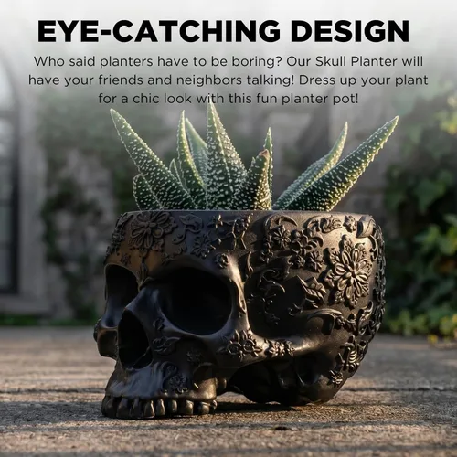 Miniatura 5 de Maceta de calavera negra de 6 pulgadas, maceta con cabeza de esqueleto para suculentas, flores y plato de tazón, decoración gótica para jardín