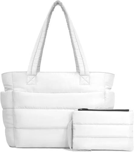 Miniatura 38 de TOPDesign Bolsa Tote Acolchada para Mujer, Bolso de Mano Ligero Inflado con Compartimentos, Bolsa de Hombro Acolchada para Trabajo, Viajes, Gimnasio