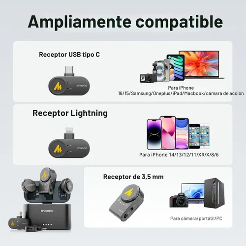 Miniatura 5 de MAONO Micrófono Lavalier inalámbrico para iPhone/Android/cámara/PC, mini micrófono de solapa con 48 khz 24 bits, filtro de voz, cancelación