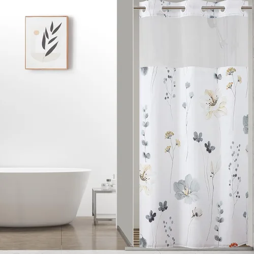 Miniatura 18 de QiyI Cortina de ducha de flores con forro a presión, cortina de baño de tela floral de acuarela azul beige, cortinas de ducha sin gancho con ventana