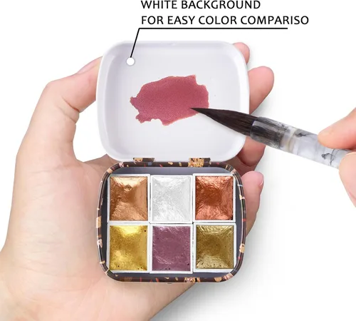 Miniatura 2 de Mini Juego de Caja de Lata de Viaje de Pintura de Acuarela de Artista Portátil Hecha a Mano con 6 Medias Bandejas Sólidas con Purpurina Nacarada