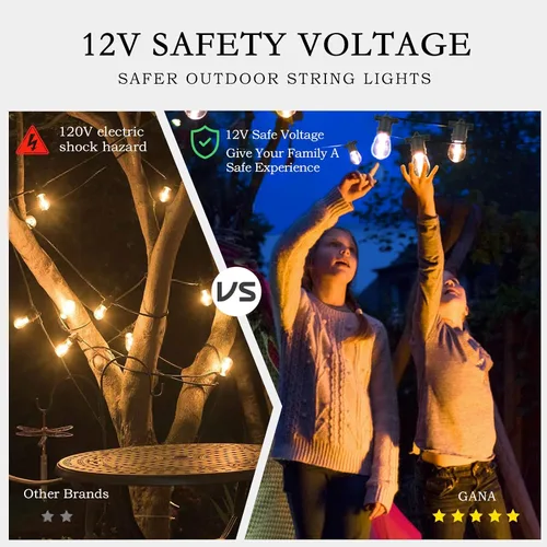 Miniatura 6 de GANA - Tira de luces LED para exteriores de 12V de bajo voltaje y segura, 48 pies, 15 bombillas inastillables, 2200K, luz blanca cálida