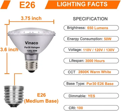Miniatura 5 de Vinaco PAR30 - Paquete de 6 focos halógenos de alto rendimiento PAR30 de cuello corto de 50 W, luz de inundación halógena de alto rendimiento blanco