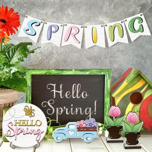 Miniatura 7 de Patelai Juego de decoración de bandejas escalonadas de madera pastel Hello Spring Decor Truck Tulipán Flower Table Signs, decoración rústica