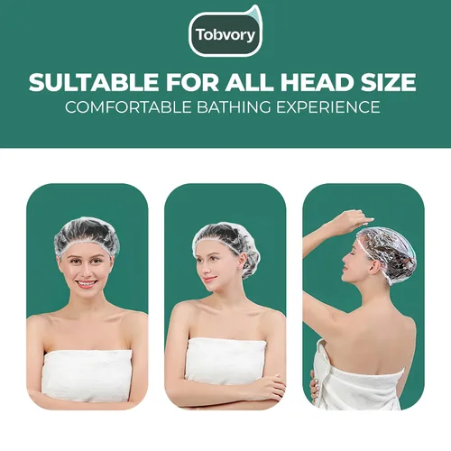 Miniatura 5 de Gorros de ducha desechables - 100 unidades Tobvory, gorro de ducha impermeable de plástico para mujer y hombre, gorro de ducha extra elástico