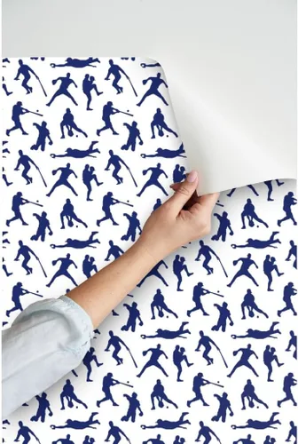 Miniatura 3 de Spoonflower Papel tapiz para despegar y pegar - Jugadores de béisbol Azul oscuro Deportes Hombres Thin Line Kids Papel pintado extraíble