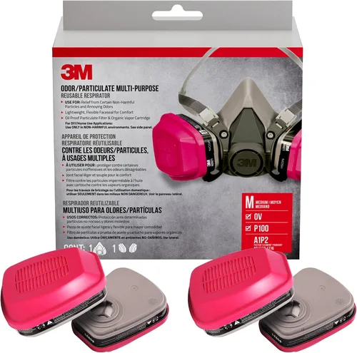 3M Paquete mediano de respirador reutilizable multiusos P100/OV para olores/partículas, cartucho de vapor orgánico aprobado por NIOSH y filtros