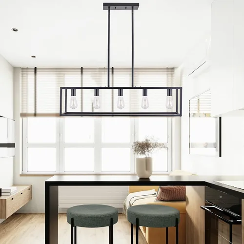 Miniatura 2 de Lámparas de Cocina para Comedor, Candelabros Rectangulares de Estilo Granja para Comedores, Lámpara Colgante Industrial de 5 Luces en Negro Mate