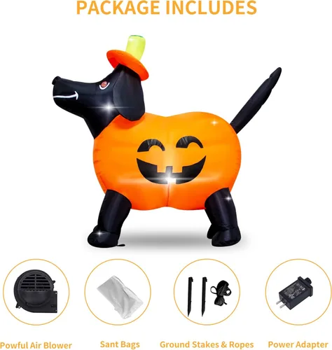 Miniatura 6 de Decoración inflable de calabaza para perro de 4 pies de largo con luces LED, calabaza salchicha de calabaza, decoración inflable para exteriores
