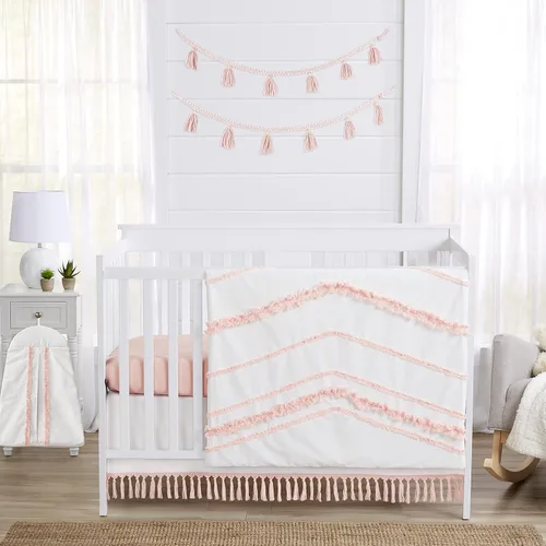 Miniatura 7 de Sweet Jojo Designs Juego de ropa de cama bohemio bohemio para cuna de bebé niño y niña, 4 piezas, color gris y blanco, diseño Shabby Chic