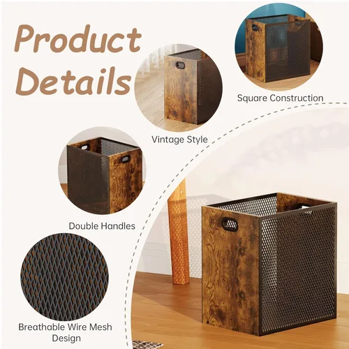 Miniatura 6 de Huxitocan - Cubo de basura retro para oficina, combinación de hierro y madera para dormitorio, cesta de basura rectangular con asa, diseño