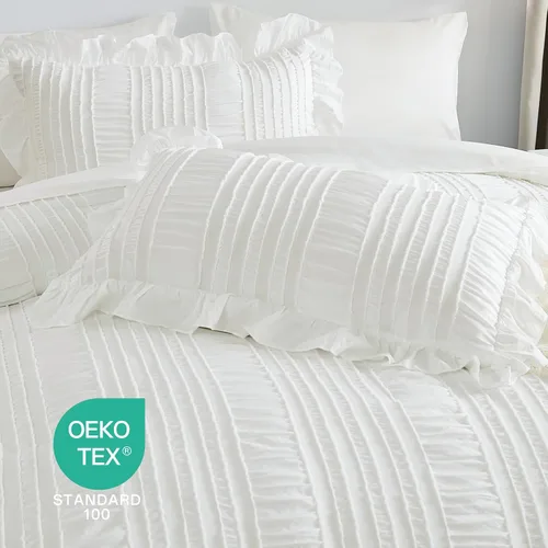 Miniatura 4 de Juego de edredón Queen de WONG BEDDING, edredón blanco y lindo con volantes para cama Queen, juego de 7 piezas en una bolsa, juego de cama