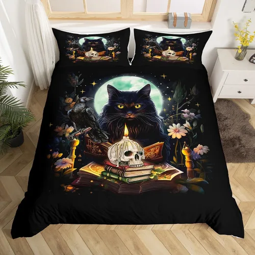 Miniatura 13 de Juego de funda de edredón para niños con diseño de gato lindo, tamaño individual, juego de ropa de cama con hojas de flores, luna, noche y cielo