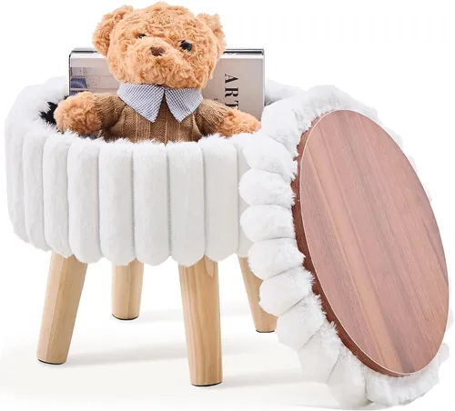 Miniatura 19 de Wimarsbon Otomana de almacenamiento, moderno reposapiés redondo con asiento acolchado suave, reposapiés de terciopelo teddy con patas de madera