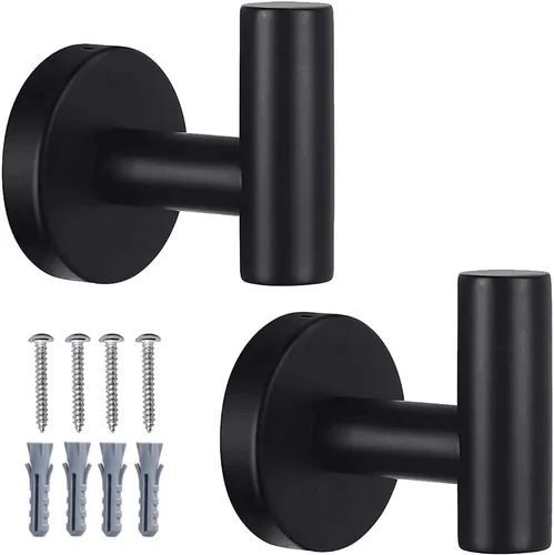Paquete de 2 ganchos para toallas de baño, ganchos de montaje en pared, toalleros negro mate, ganchos para abrigos, gancho resistente para bata para